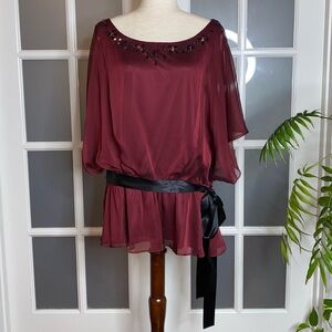 EUC Women Size 24W J.R. Nites Bejeweled Burgundy Chiffon Blouse with Black Sash